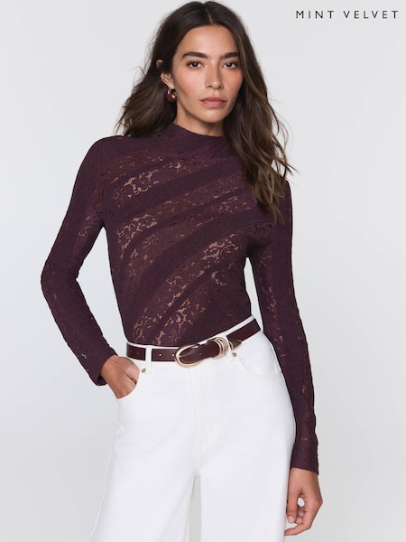 Mint Velvet Burgundy Red Cotton Blend Lace Top (G65720) | €87