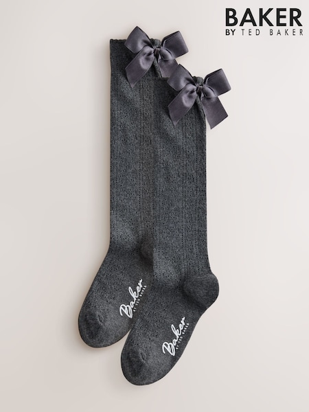 Grey - Baker By Ted Baker Back To School Pointelle Bow Knee High Socks 2 Pack