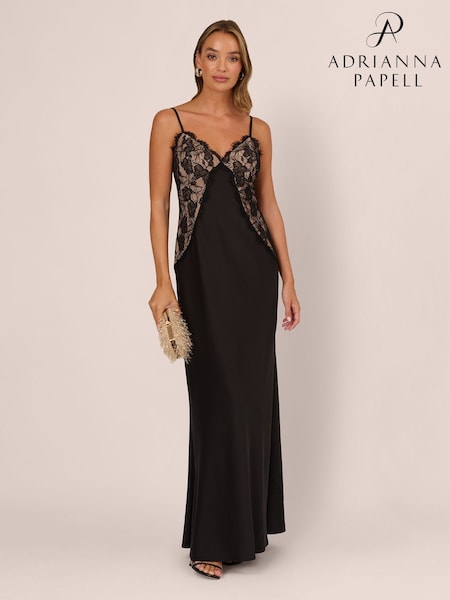 Adrianna Papell Black Stretch Satin Long Dress (G65915) | €519