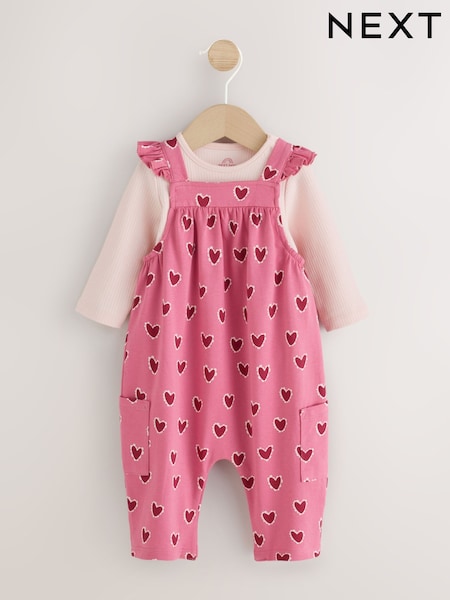 Розовый с принтом сердца - Baby Jersey Dungarees And Bodysuit Set 2 Piece (0mths-2yrs)