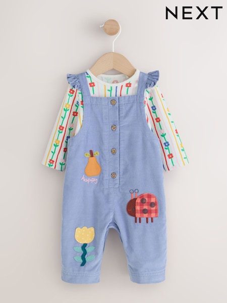 Blue Cord Embroidered - Dungaree And Bodysuit Baby 2 Piece Set (0mths-2yrs)
