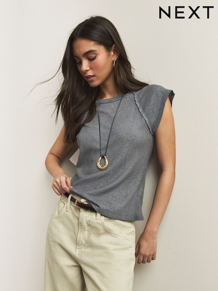 Anthrazitgrau - Raw Seam Detail Short Capped Sleeve T-Shirt (G66234) | 28 €