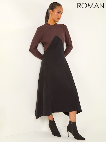 Roman Black Petite Contrast Knit Midi Dress (G66262) | R$ 665