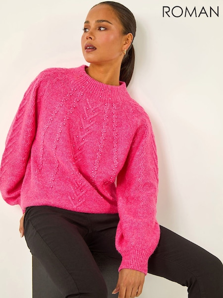 Roman Pink Petite Cable Knit Pearl Jumper (G66274) | €85