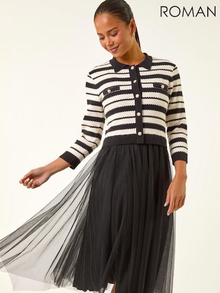 Roman Black Petite Stripe Knit Midi Dress (G66276) | €72