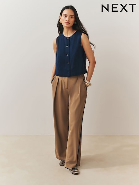Tan Brown - Elastic Back Side Stripe Wide Leg Trousers