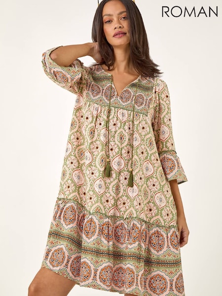 Roman Green Mix Print Smock Midi Dress (G66363) | AED400
