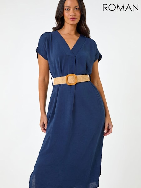 Roman Blue Wrap Front Belted Midi Dress (G66365) | R$ 605