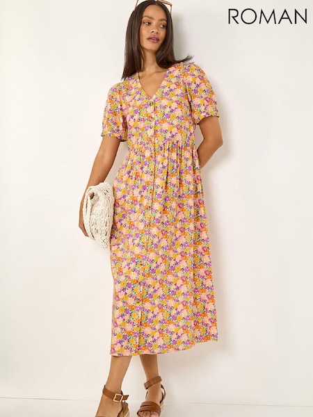 Roman Yellow Ditsy Floral Buttoned Midi Dress (G66380) | AED400