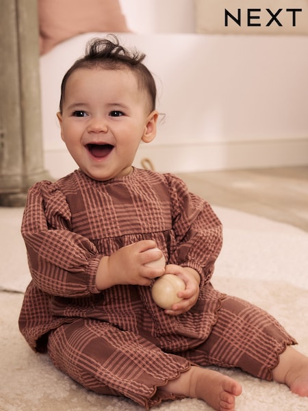 Brown/Pink Check - Baby Woven Top And Trousers 2 Piece Set (0mths-2yrs)