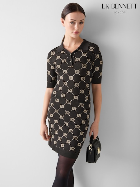LK Bennett Black Dakota Logo Jacquard Viscose Polo Neck Knit Dress (G66477) | €264