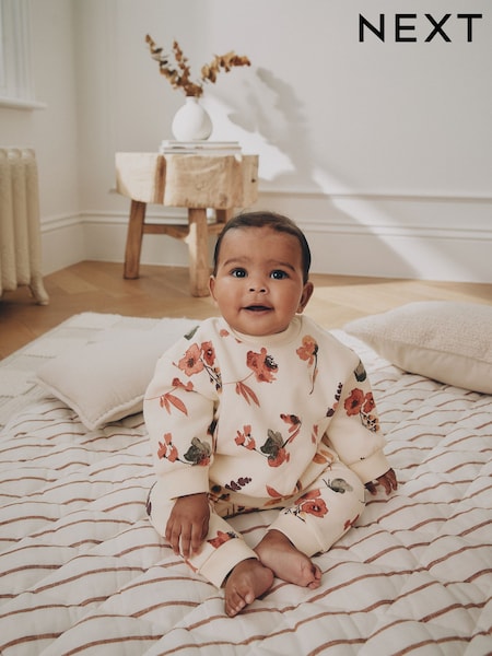 花朵圖案亞麻色 - Sweat Top And Joggers Baby Set (0mths-2yrs)