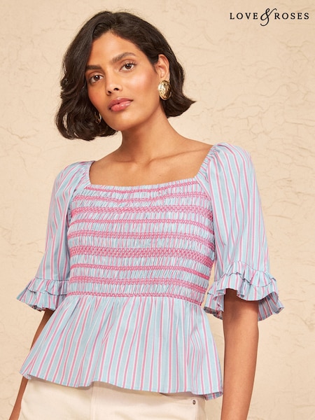 Blue - Love & Roses Shirred Stripe Puff Sleeve Square Neck Top