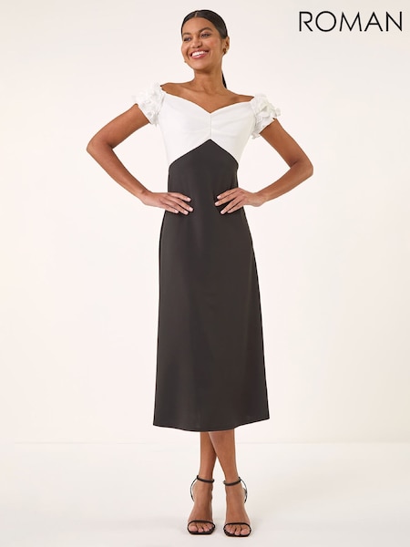 Roman Black Frill Contrast Bardot Dress (G67049) | €83