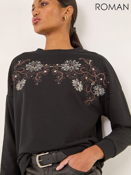 Roman Black Floral Embroidered Stretch Sweatshirt (G67064) | €44
