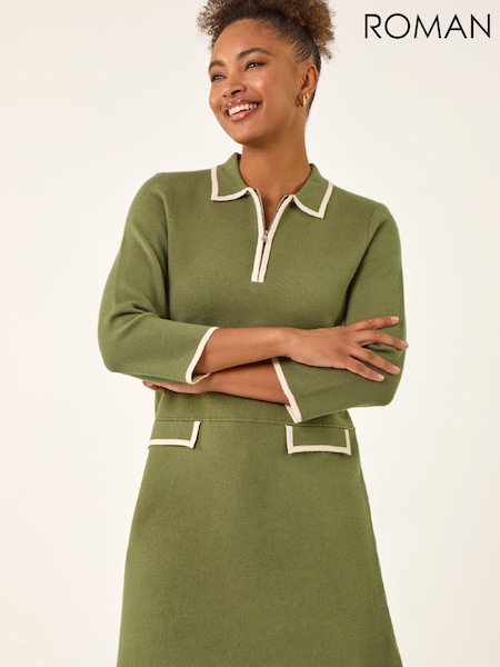 Roman Green Contrast Zip Collared Knit Dress (G67068) | €92