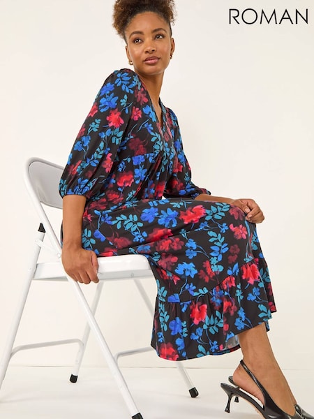 Roman Blue Floral Print Lace Trim Midi Dress (G67071) | R$ 665