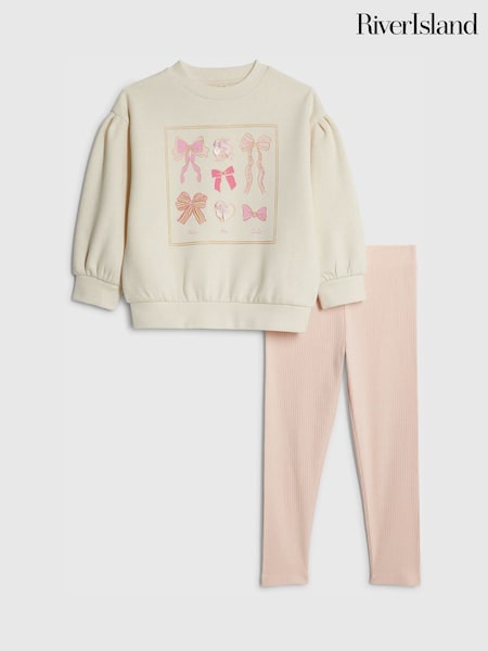 River Island Cream Bow Sweatshirt & Leggings Set (G67079) | $55