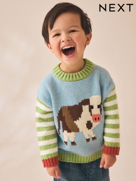Multi Bright Cow - Character Knitted Crew Neck Jumper (3mths-7yrs)