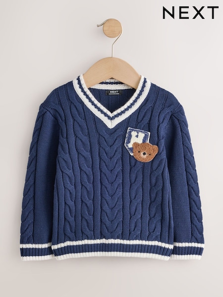 Navy Blue - Cable Knit Varsity Jumper (3mths-7yrs)