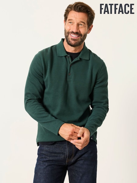 ירוק כהה - Regular Fatface Long Sleeve Ribbed Polo Shirt