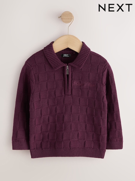 Plum Purple - Textured Knitted Zip Neck Polo Shirt (3mths-7yrs)