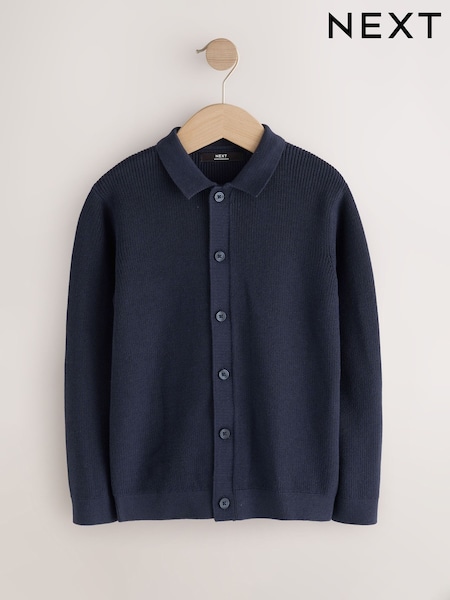 Navy - Button Through Knitted Polo Shirt (3-16yrs)