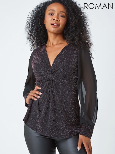 črna/rožnata - Roman Petite Twist Front Chiffon Sleeve Stretch Blouse (G67468) | € 55