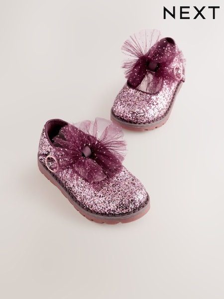 Burgundy Red Glitter - Chunky Bow Mary Jane Shoes