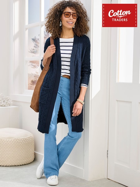 Cotton Traders Blue Longline Cotton Cable Cardigan (G67666) | €59