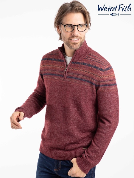 Weird Fish Red Larner Quarter Zip Fairisle Pattern Jumper (G67756) | €89