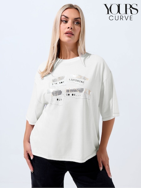 Yours Curve White Im Not Listening But Go On Stitch Detail Oversized T-Shirt (G68032) | €25