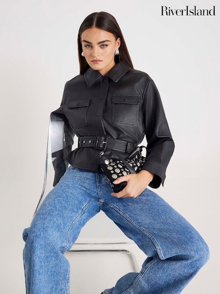River Island Black Faux Leather Belted Pocket Detail Shirt (G68278) | €75