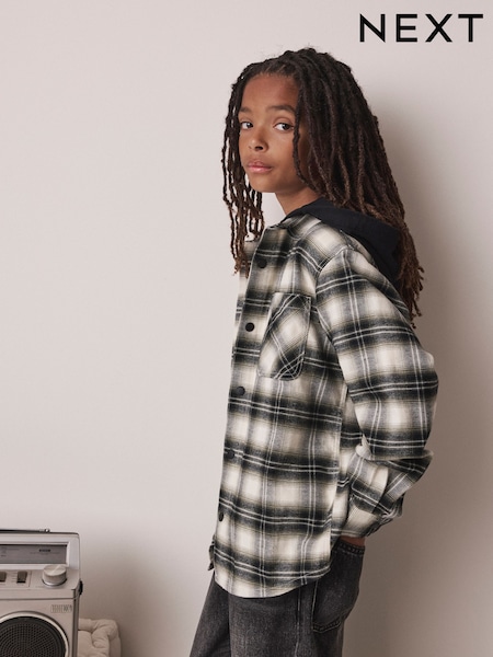 Black/Green Check - Long Sleeve Hooded Shirt (3-16yrs)