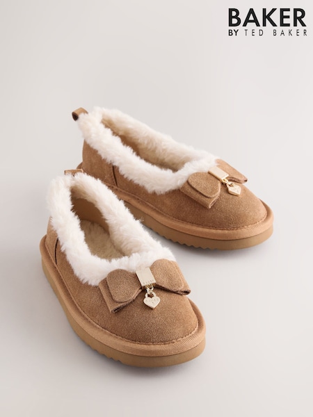 Tan Brown - Baker By Ted Baker Faux Fur Lined Slipper Mary Jane Tan Brown Shoes With Bow