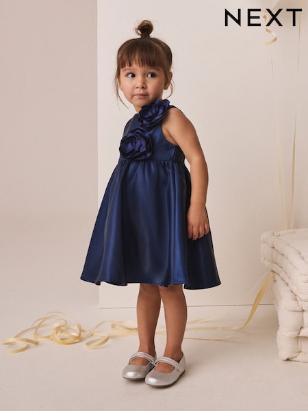 أزرق معدني - 3d Corsage Occasion Dress (12mths-8yrs)