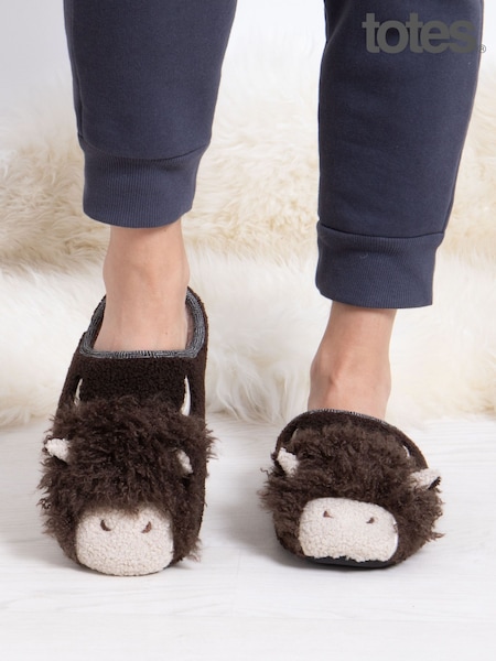 Totes Brown Highland Cow Novelty Mule Slippers (G68651) | €33