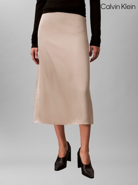 Calvin Klein Cream Satin Midi Skirt (G68653) | AED524