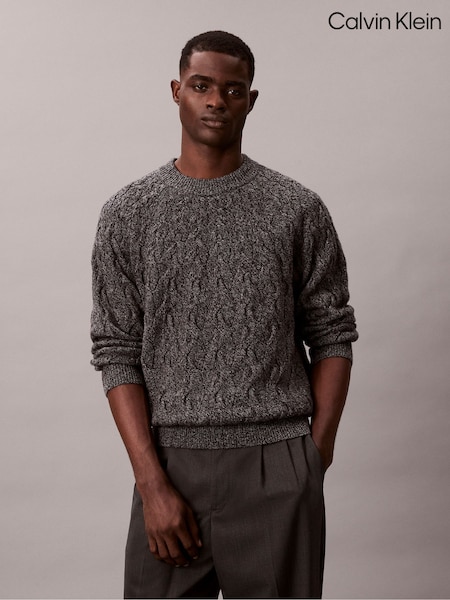 Calvin Klein Grey Lambswool Blend Cable Knit Crewneck Jumper (G68677) | €256