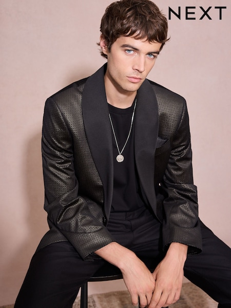 Zwart/goud - Regular Fit Patterned Velvet Blazer