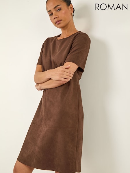 بني داكن - Roman Petite Premium Stretch Suede Shift Dress (G69149) | ‏297 ر.ق.