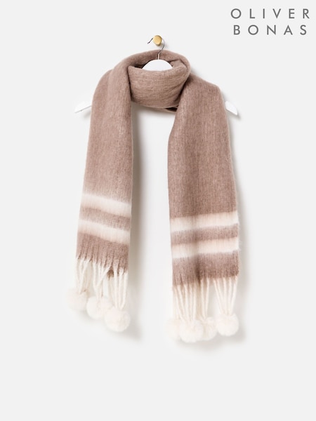 Oliver Bonas Mocha Brown/Cream Striped Pom Pom Heavyweight Scarf (G69154) | €44