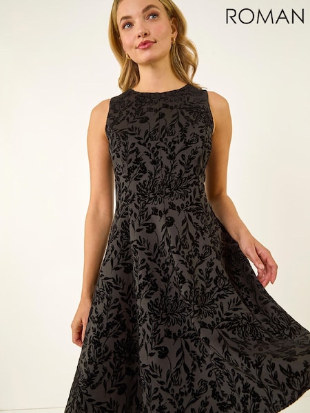 Roman Black Flocked Premium Stretch Dress (G69378) | €134