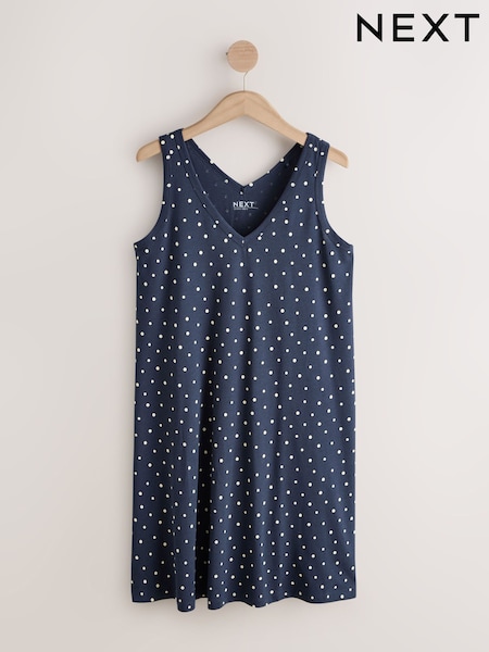 Navy Blue Polka Dot - Sleeveless V-neck Slouch Dress