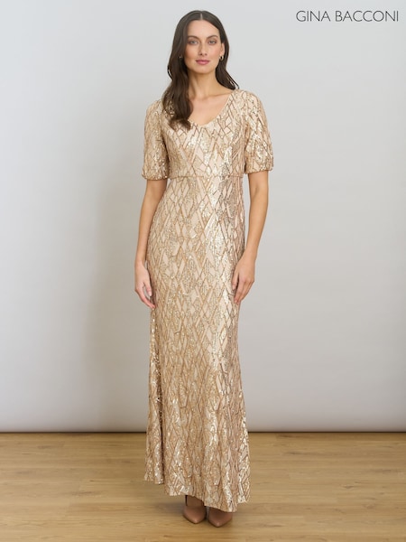 Gina Bacconi Gold Pat Sequin Maxi Dress (G69586) | € 530