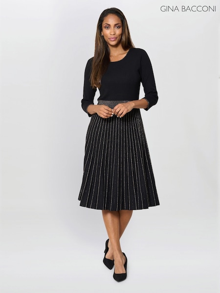 Gina Bacconi Apple Pleated Midi Black Dress (G69595) | €229