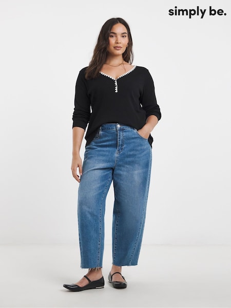 Simply Be Black Ribbed Henley Top With Whipstitch Detail (G69913) | €33