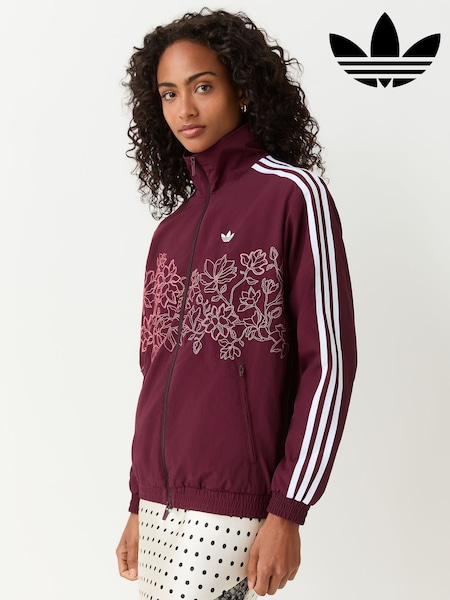Maroon Red - Adidas Originals Floral Applique Firebird Loose Track Top Jacket