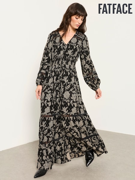 Black Dot Floral - Fatface Jacquard Maxi Dress
