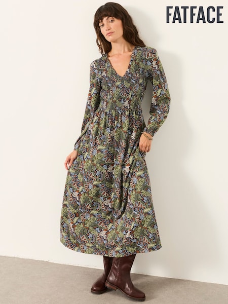 Navy Decorative Floral - Fatface Midi Jersey Dress